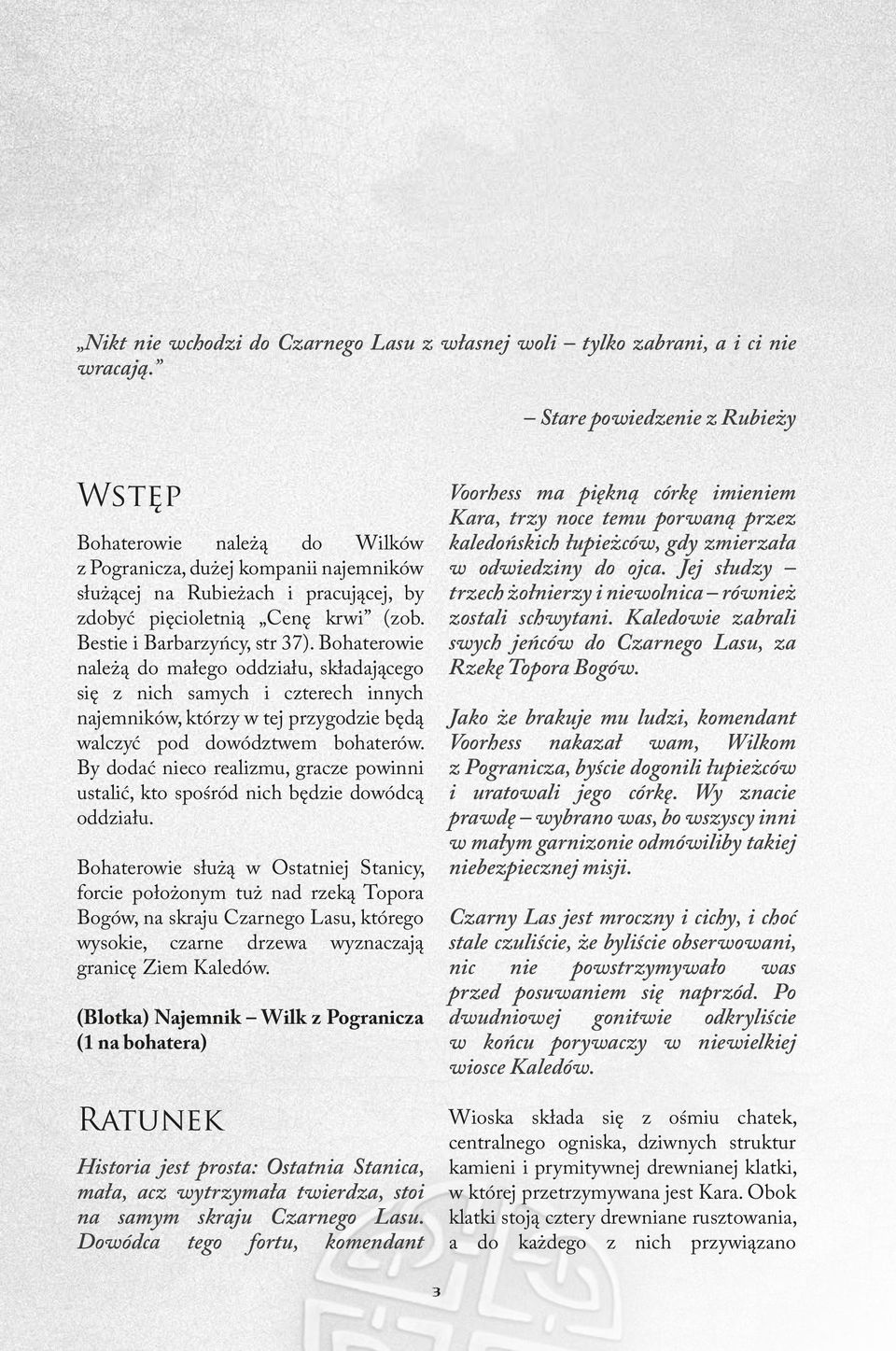 Bestie i Barbarzyńcy, str 37). Bohaterowie należą do małego oddziału, składającego się z nich samych i czterech innych najemników, którzy w tej przygodzie będą walczyć pod dowództwem bohaterów.