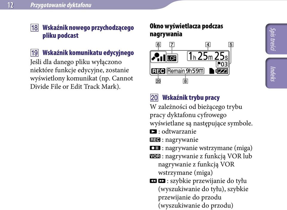 Okno wyświetlacza podczas nagrywania Wskaźnik trybu pracy W zależności od bieżącego trybu pracy dyktafonu cyfrowego wyświetlane są następujące symbole.