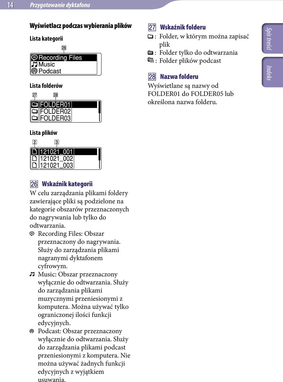 Lista plików Wskaźnik kategorii W celu zarządzania plikami foldery zawierające pliki są podzielone na kategorie obszarów przeznaczonych do nagrywania lub tylko do odtwarzania.