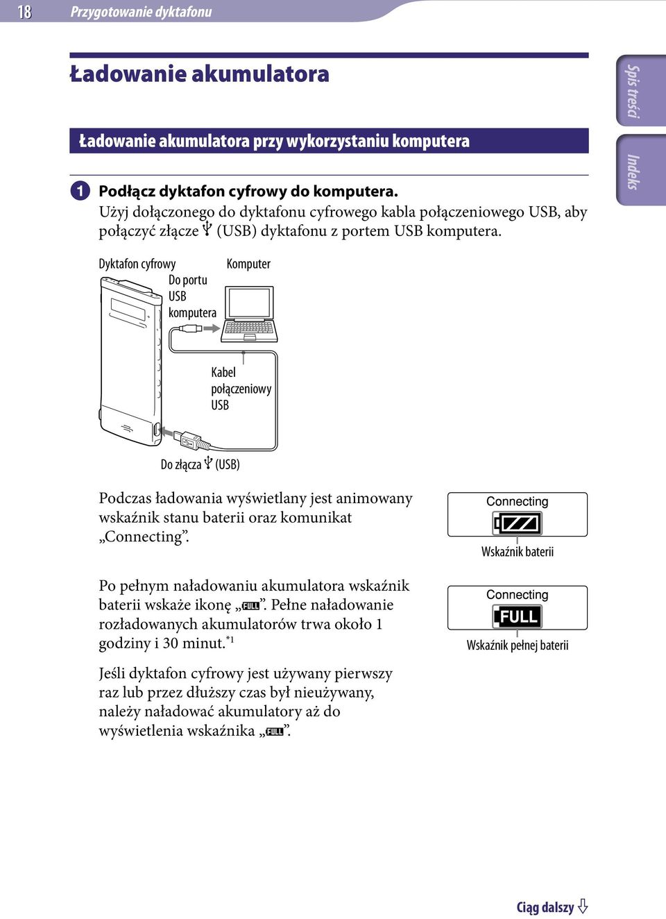 Dyktafon cyfrowy Do portu USB komputera Komputer Kabel połączeniowy USB Do złącza (USB) Podczas ładowania wyświetlany jest animowany wskaźnik stanu baterii oraz komunikat Connecting.