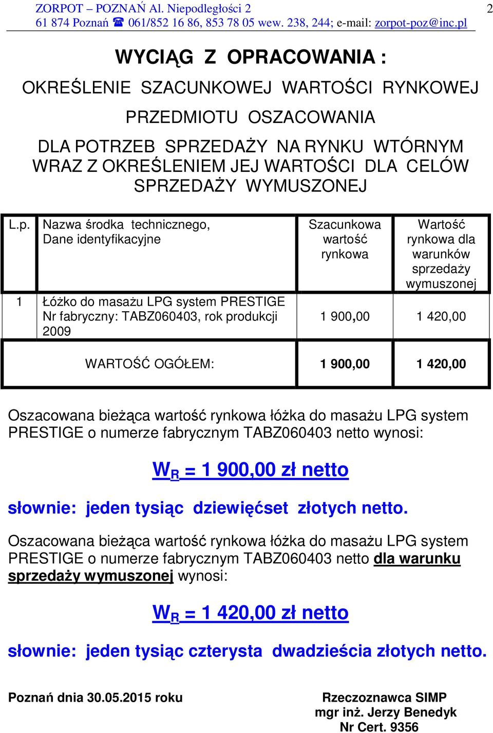 wymuszonej 1 900,00 1 420,00 WARTOŚĆ OGÓŁEM: 1 900,00 1 420,00 Oszacowana bieŝąca wartość rynkowa łóŝka do masaŝu LPG system PRESTIGE o numerze fabrycznym TABZ060403 netto wynosi: W R = 1 900,00 zł