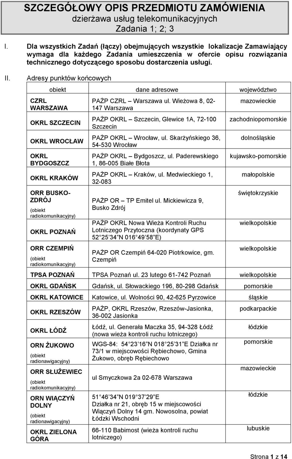 II. Adresy punktów końcowych CZRL WARSZAWA obiekt dane adresowe województwo OKRL SZCZECIN OKRL WROCŁAW OKRL BYDGOSZCZ OKRL KRAKÓW ORR BUSKO- ZDRÓJ (obiekt radiokomunikacyjny) OKRL POZNAŃ ORR CZEMPIŃ