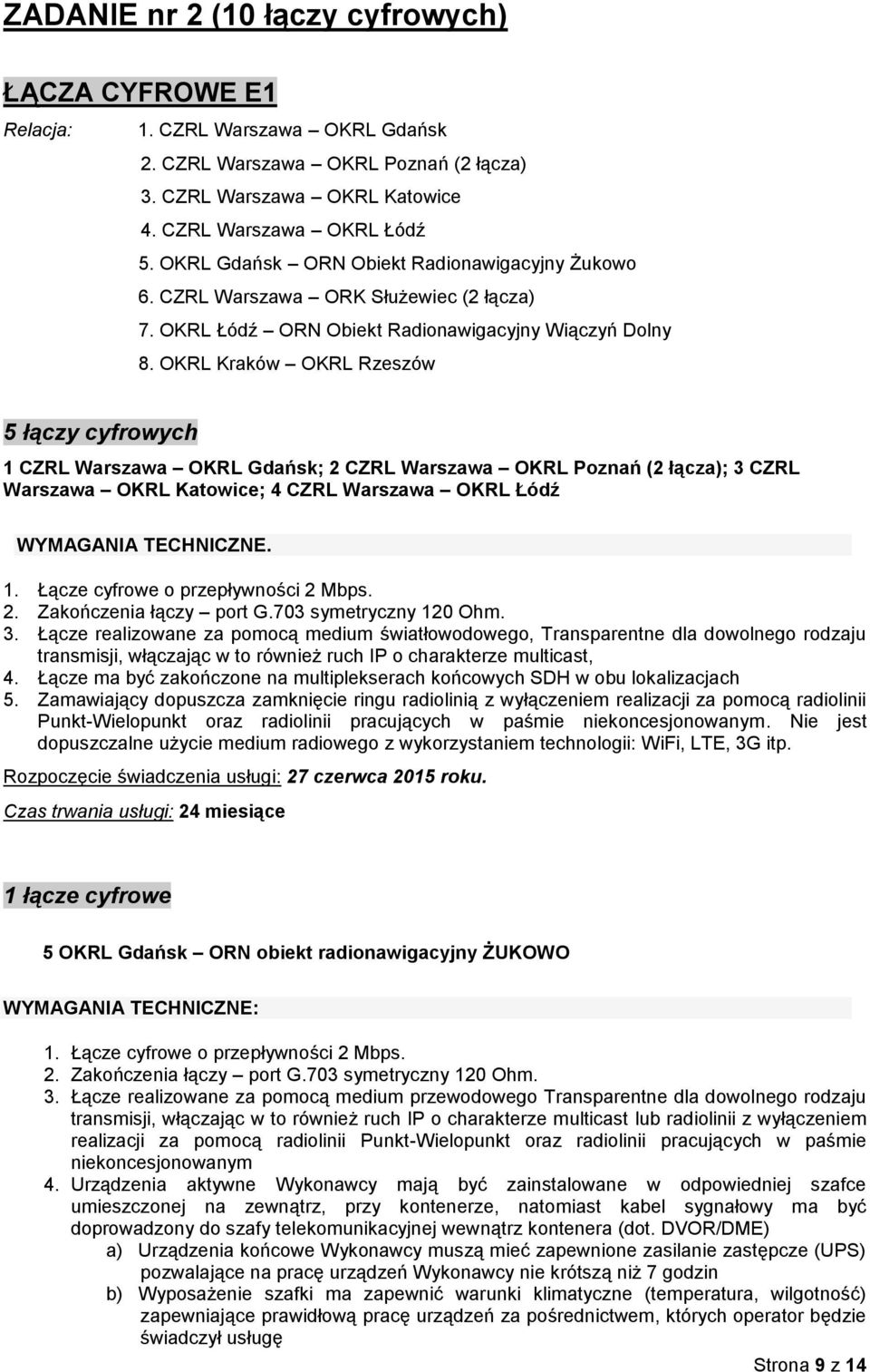 OKRL Kraków OKRL Rzeszów 5 łączy cyfrowych 1 CZRL Warszawa OKRL Gdańsk; 2 CZRL Warszawa OKRL Poznań (2 łącza); 3 