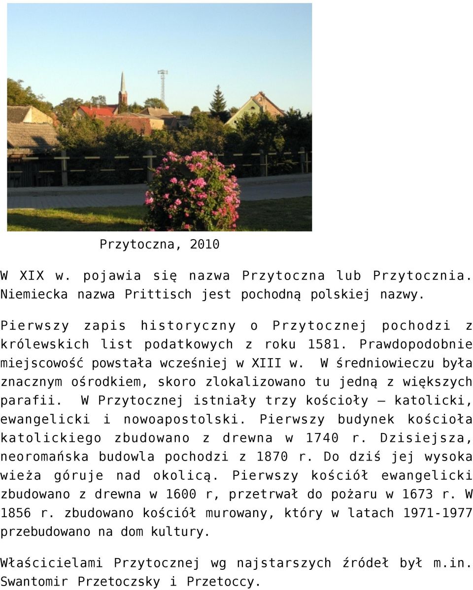 W średniowieczu była znacznym ośrodkiem, skoro zlokalizowano tu jedną z większych parafii. W Przytocznej istniały trzy kościoły katolicki, ewangelicki i nowoapostolski.