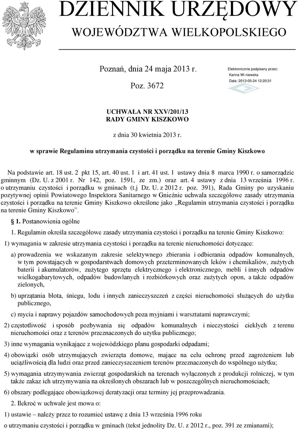 o samorządzie gminnym (Dz. U. z 2001 r. Nr 142, poz.