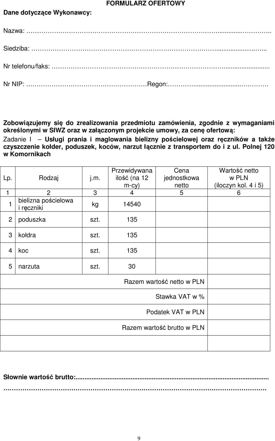 bielizny pościelowej oraz ręczników a także czyszczenie kołder, poduszek, koców, narzut łącznie z transportem do i z ul. Polnej 120 w Komornikach Lp. Rodzaj j.m. Przewidywana ilość (na 12 m-cy) Cena jednostkowa netto Wartość netto w PLN (iloczyn kol.