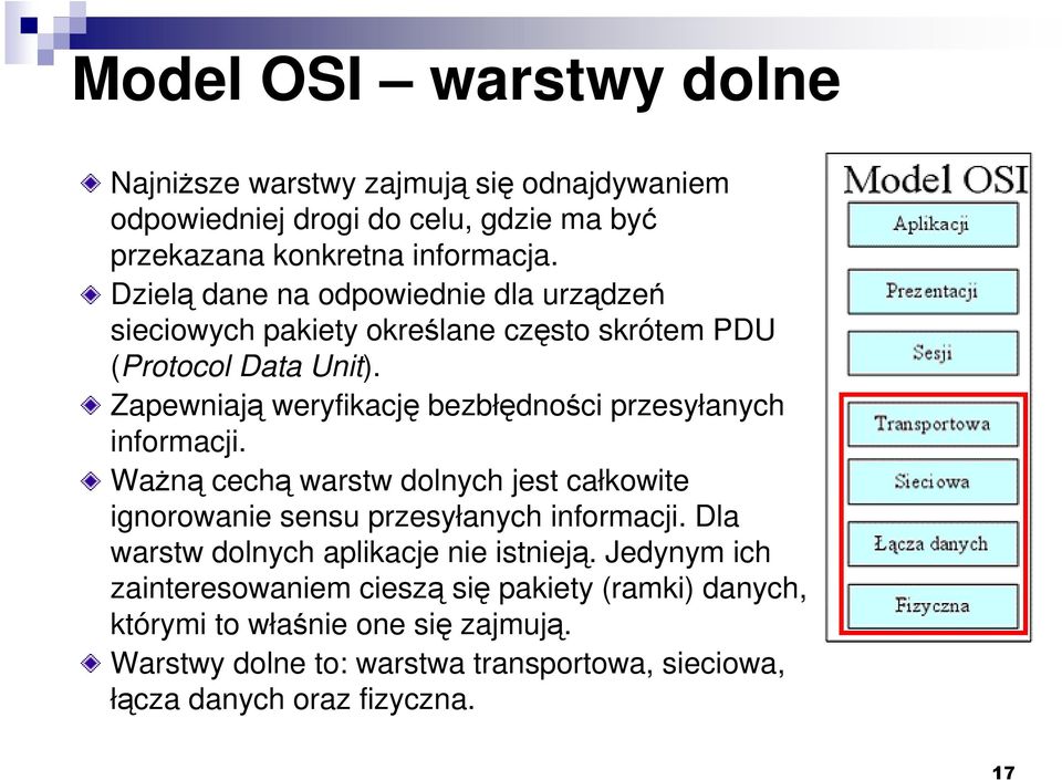 Zapewniają weryfikację bezbłędności przesyłanych informacji. WaŜną cechą warstw dolnych jest całkowite ignorowanie sensu przesyłanych informacji.