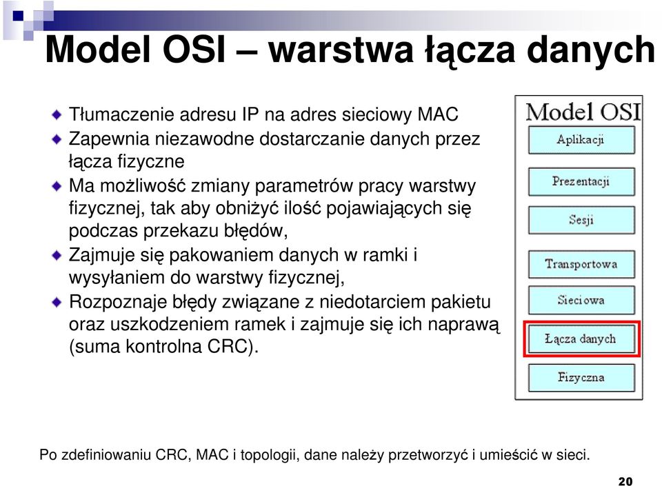 Zajmuje się pakowaniem danych w ramki i wysyłaniem do warstwy fizycznej, Rozpoznaje błędy związane z niedotarciem pakietu oraz