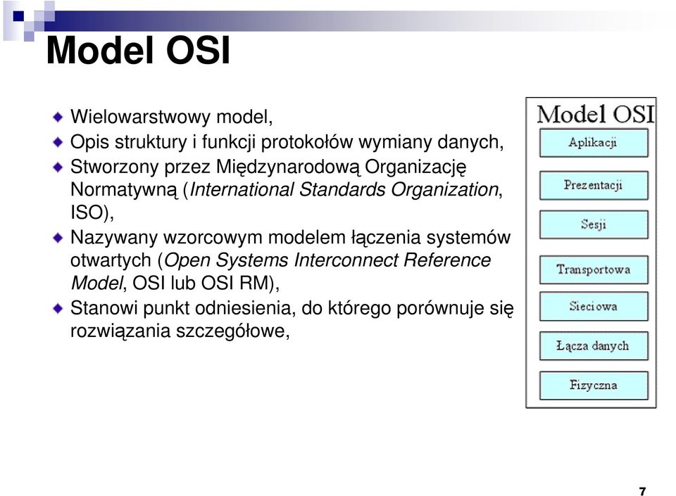Nazywany wzorcowym modelem łączenia systemów otwartych (Open Systems Interconnect Reference
