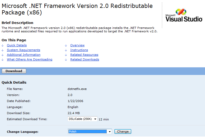 0 Redist x86 version, Download.NET Framework 2.0 Redist x64 version, lub Download.NET Framework 2.0 Redist IA64 version. Rysunek 1. Wykaz narzędzi platformy programistycznej NET Framework 2.0 1.2. Po zaznaczeniu właściwej wersji (np.
