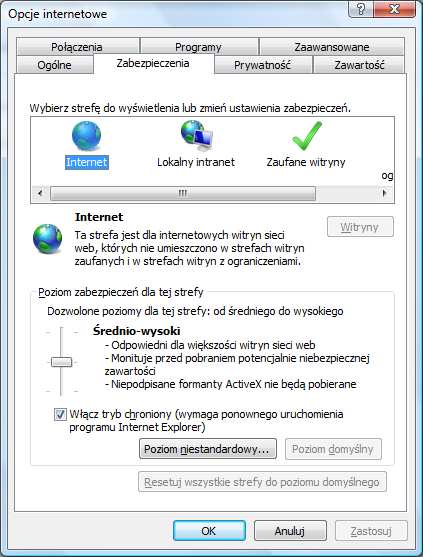 zależne są od wersji przeglądarki Internet Explorer. W tym celu należy dodać odpowiednie adresy witryn do tzw. witryn zaufanych.