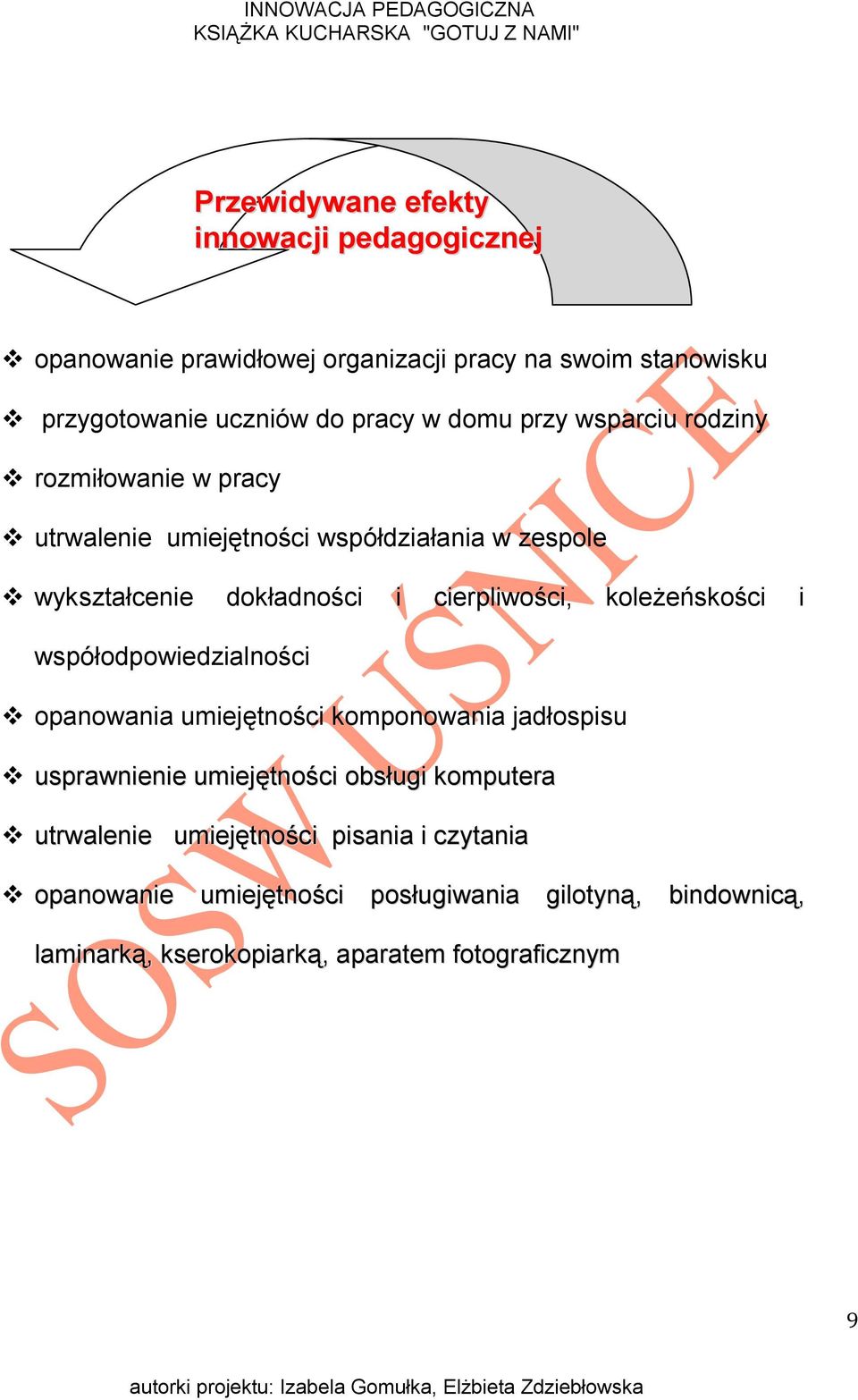 koleżeńskości i współodpowiedzialności opanowania umiejętności komponowania jadłospisu usprawnienie umiejętności obsługi komputera