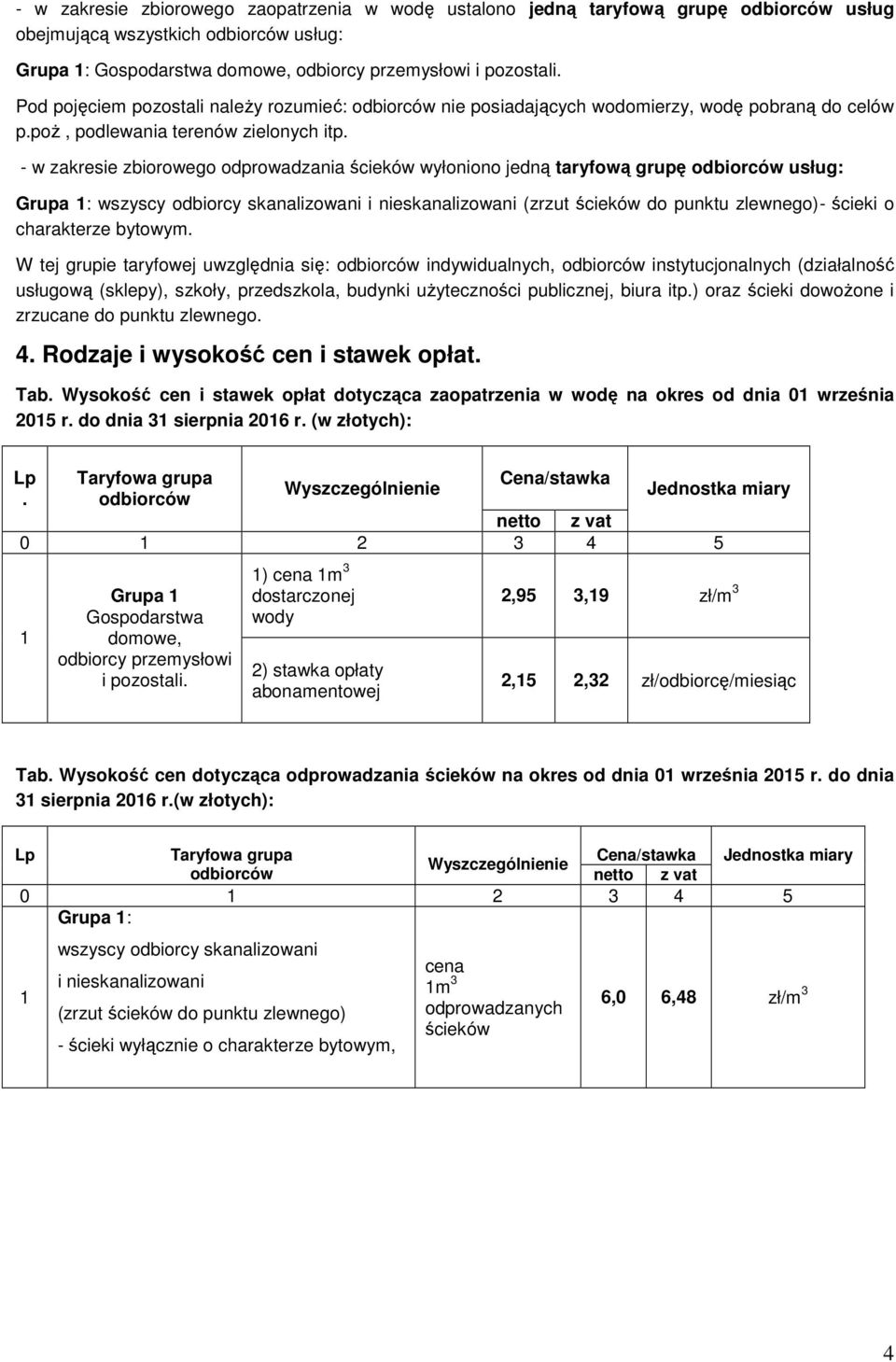 - w zakresie zbiorowego odprowadzania ścieków wyłoniono jedną taryfową grupę odbiorców usług: Grupa : wszyscy odbiorcy skanalizowani i nieskanalizowani (zrzut ścieków do punktu zlewnego)- ścieki o