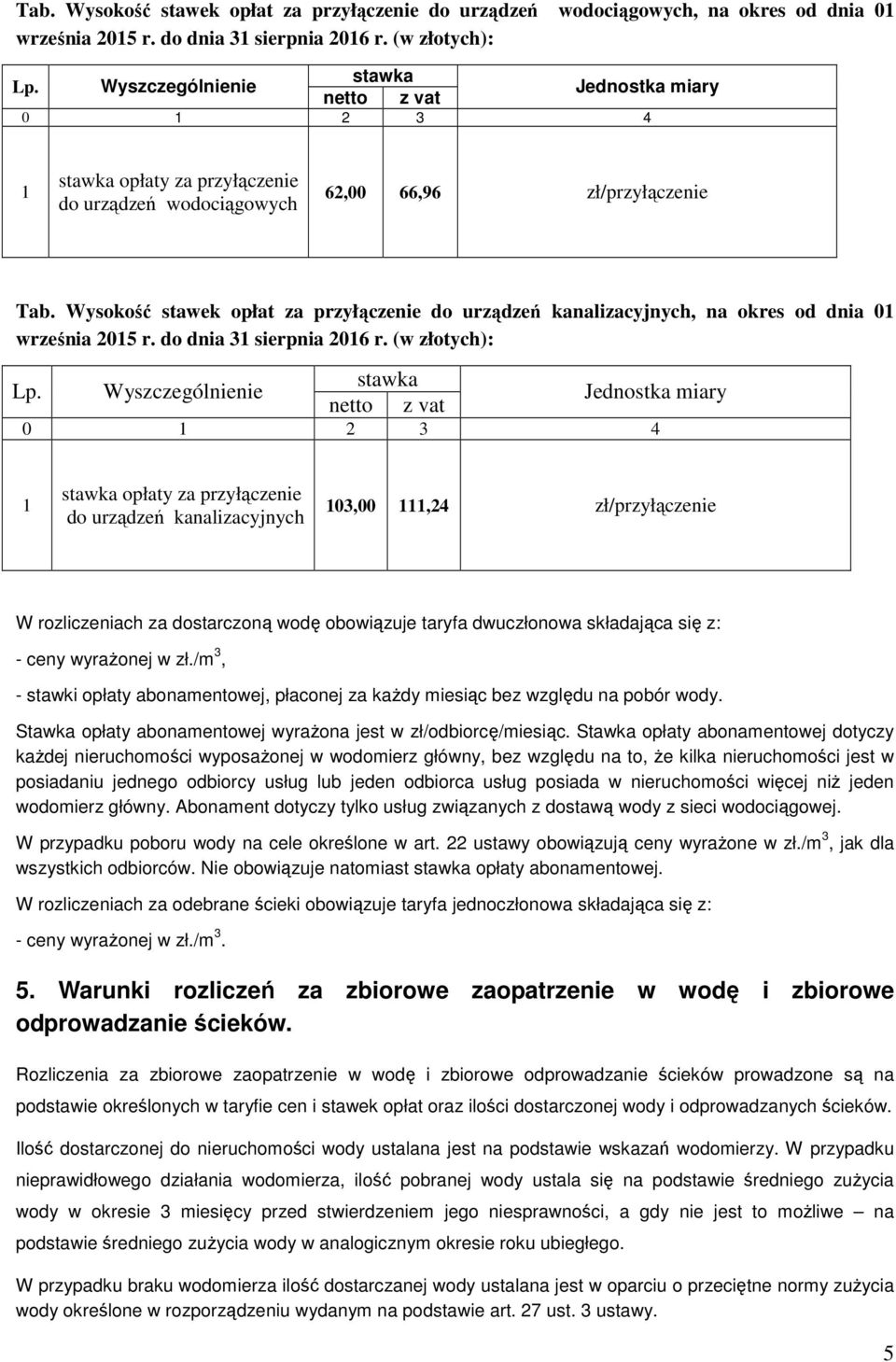 Wysokość stawek opłat za przyłączenie do urządzeń kanalizacyjnych, na okres od dnia 0 września 205 r. do dnia 3 sierpnia 206 r. (w złotych): Lp.