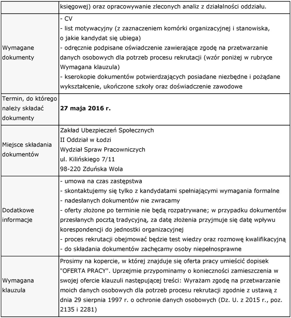 ubiega) - odręcznie podpisane oświadczenie zawierające zgodę na przetwarzanie danych osobowych dla potrzeb procesu rekrutacji (wzór poniżej w rubryce Wymagana klauzula) - kserokopie dokumentów