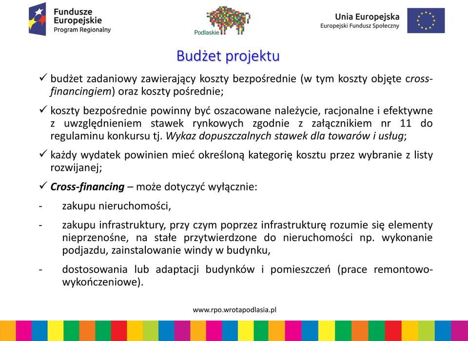 Wykaz dopuszczalnych stawek dla towarów i usług; każdy wydatek powinien mieć określoną kategorię kosztu przez wybranie z listy rozwijanej; Cross-financing może dotyczyć wyłącznie: - zakupu