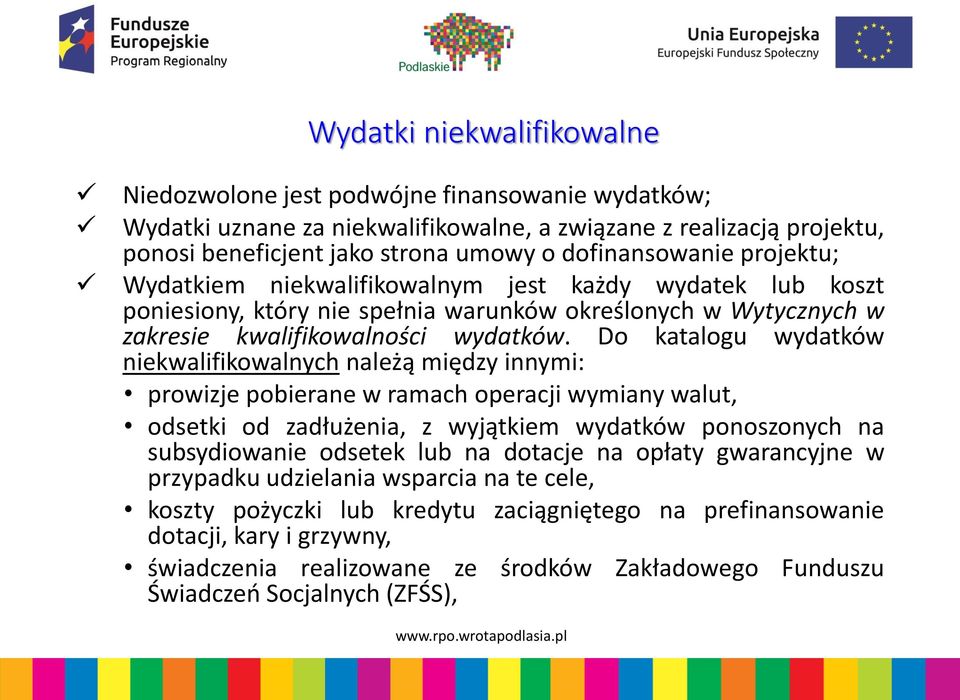 Do katalogu wydatków niekwalifikowalnych należą między innymi: prowizje pobierane w ramach operacji wymiany walut, odsetki od zadłużenia, z wyjątkiem wydatków ponoszonych na subsydiowanie odsetek lub