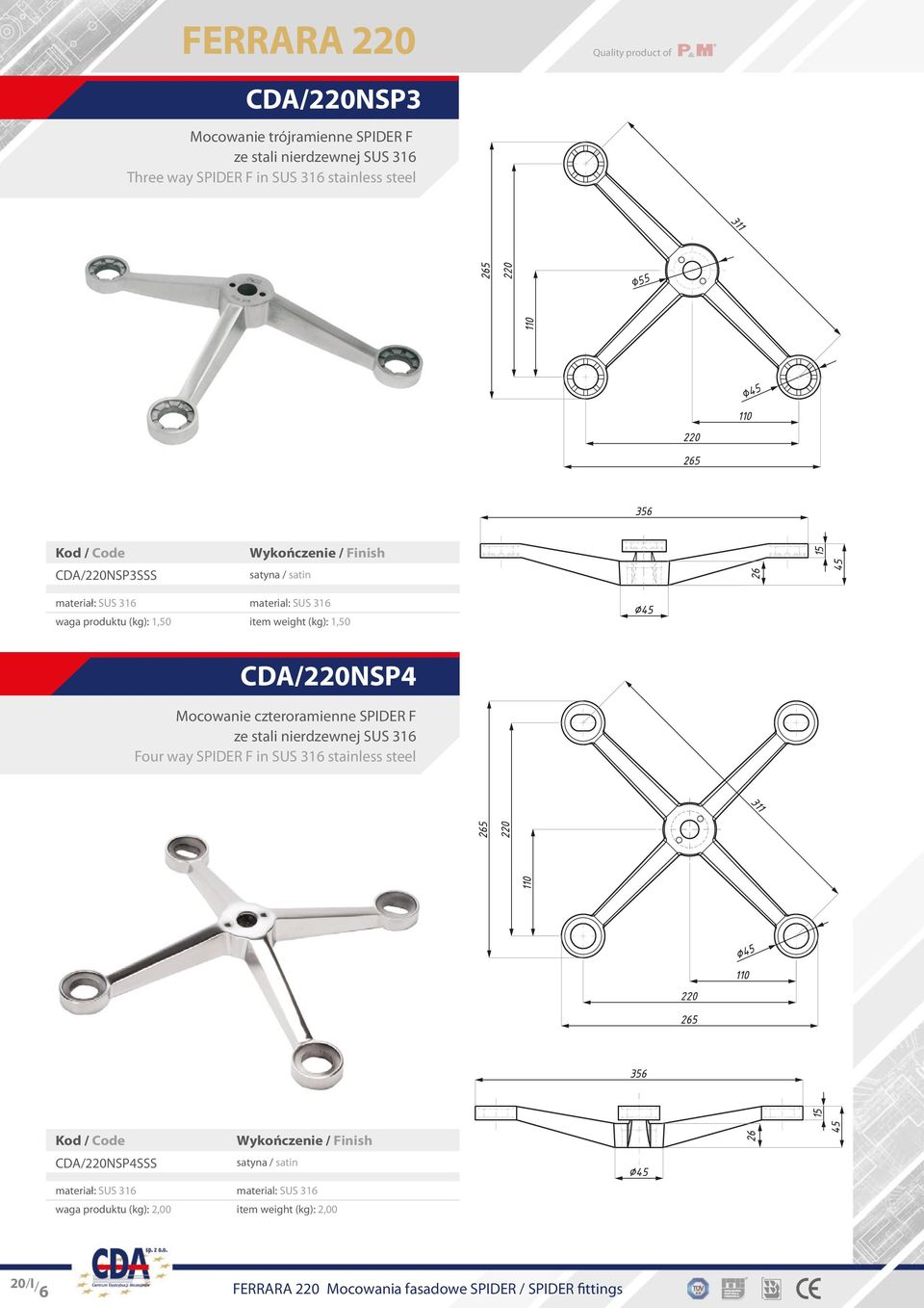 weight (kg): 1,50 CDA/220NSP4 Mocowanie czteroramienne SPIDER F Four way SPIDER F in