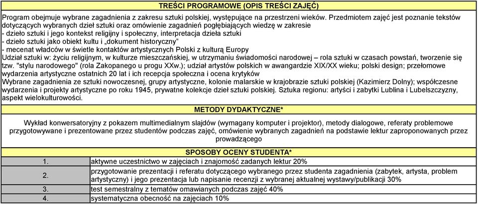 interpretacja dzieła sztuki - dzieło sztuki jako obiekt kultu i dokument historyczny - mecenat władców w świetle kontaktów artystycznych Polski z kulturą Europy Udział sztuki w: życiu religijnym, w
