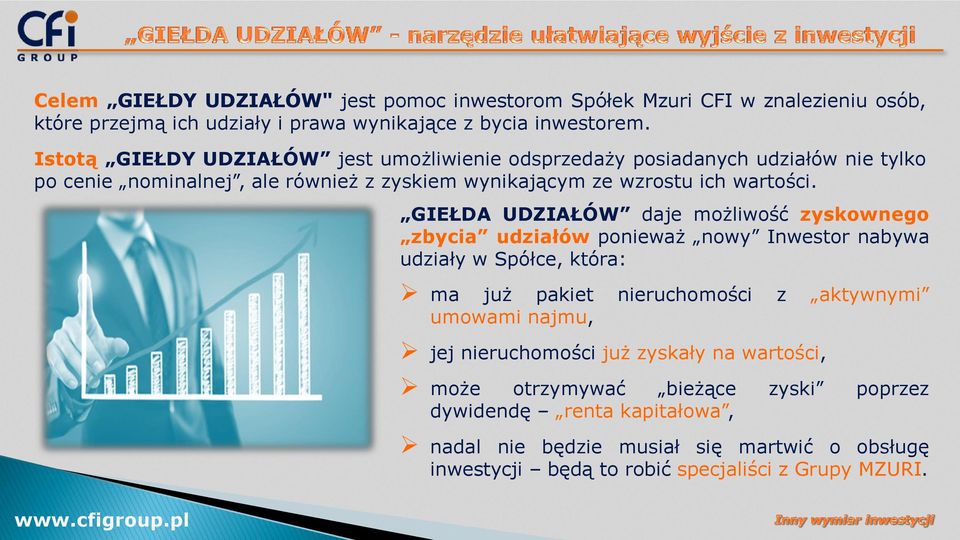 GIEŁDA UDZIAŁÓW daje możliwość zyskownego zbycia udziałów ponieważ nowy Inwestor nabywa udziały w Spółce, która: ma już pakiet nieruchomości z aktywnymi umowami najmu, jej