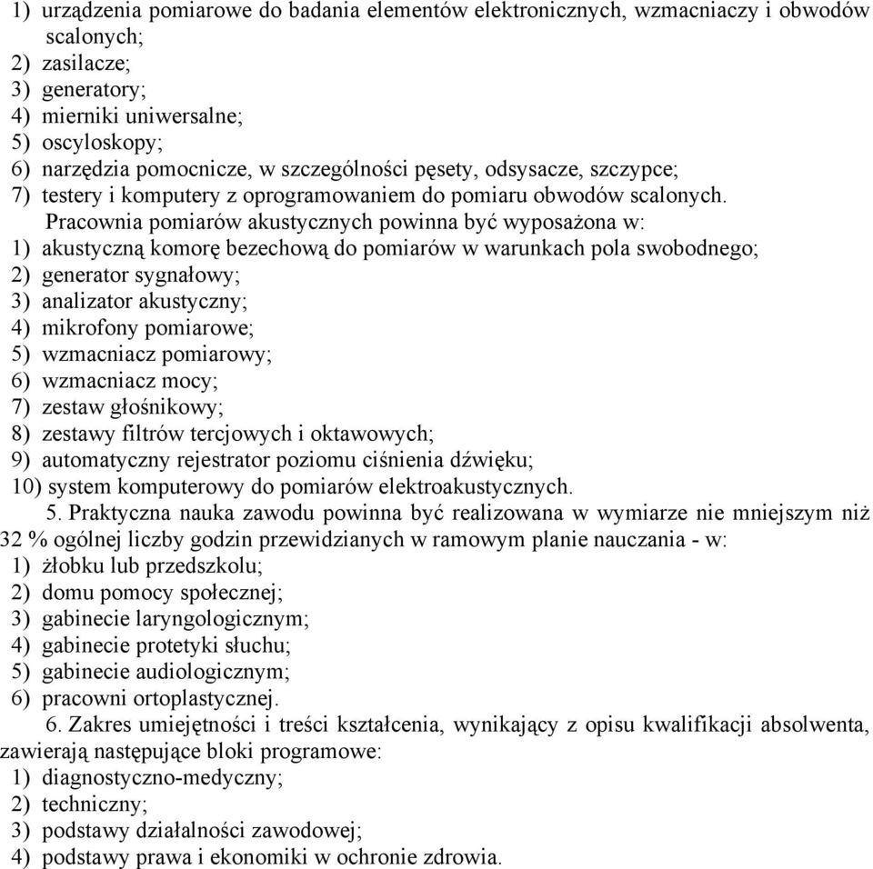 Pracownia pomiarów akustycznych powinna być wyposażona w: 1) akustyczną komorę bezechową do pomiarów w warunkach pola swobodnego; 2) generator sygnałowy; 3) analizator akustyczny; 4) mikrofony