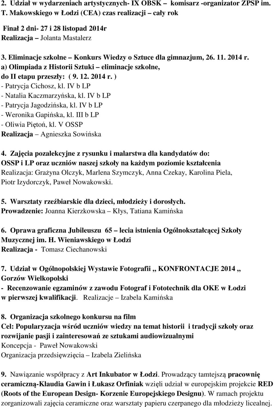 IV b LP - Natalia Kaczmarzyńska, kl. IV b LP - Patrycja Jagodzińska, kl. IV b LP - Weronika Gapińska, kl. III b LP - Oliwia Piętoń, kl. V OSSP Realizacja Agnieszka Sowińska 4.