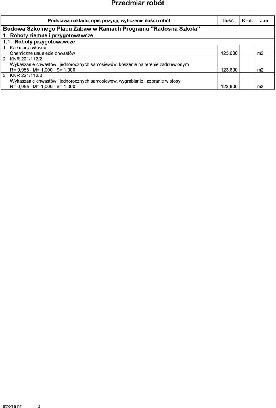 jednorocznych samosiewów, koszenie na terenie zadrzewionym 123,600 m2 3 KNR 221/112/3 Wykaszanie chwastów i jednorocznych