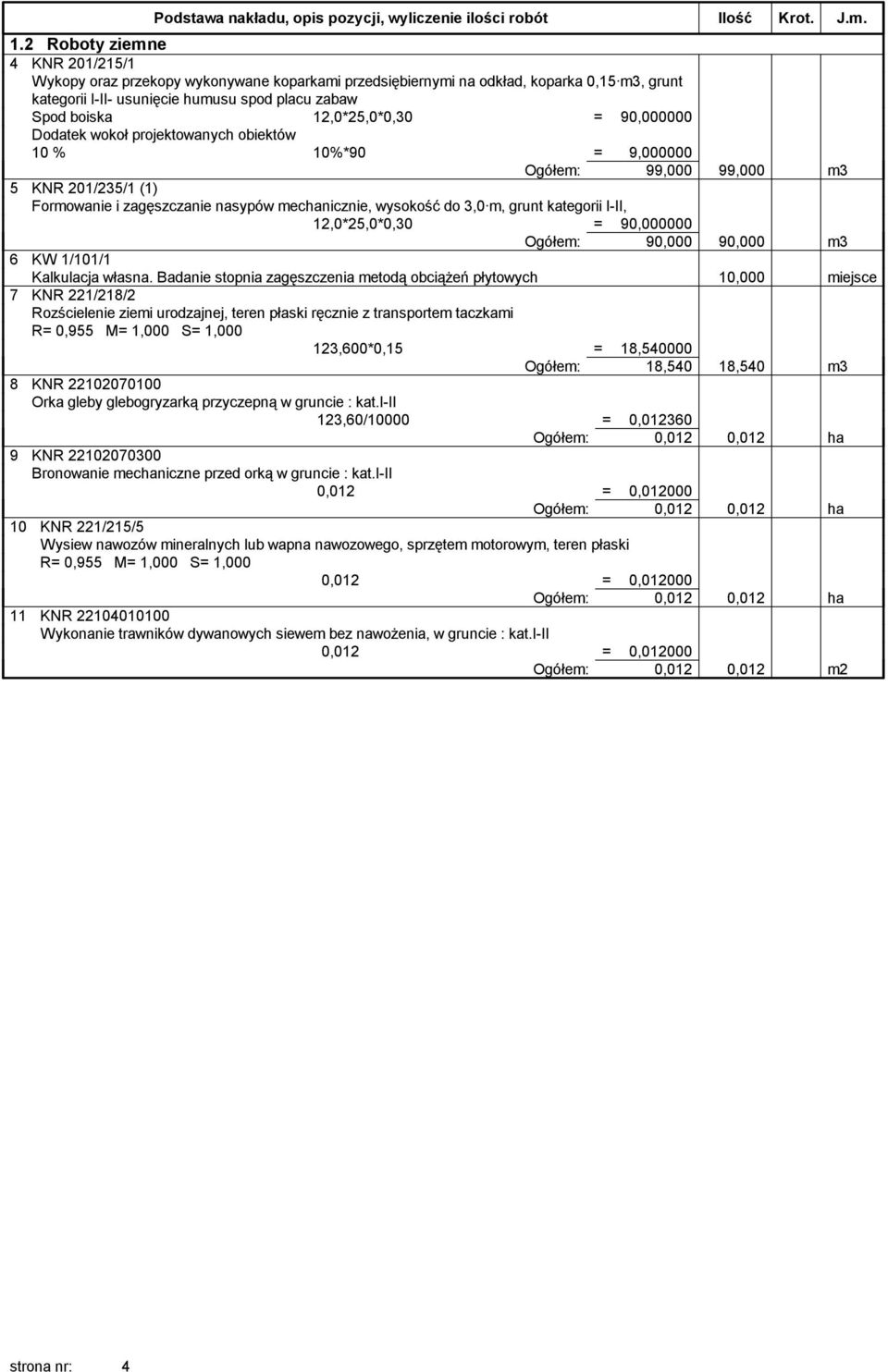 grunt kategorii I-II, 12,0*25,0*0,30 = 90,000000 Ogółem: 90,000 90,000 m3 6 KW 1/101/1 Kalkulacja własna.