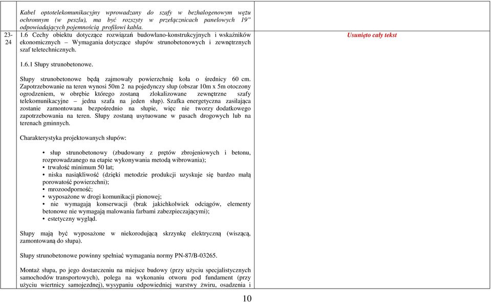 6 Cechy obiektu dotyczące rozwiązań budowlano-konstrukcyjnych i wskaźników ekonomicznych Wymagania dotyczące słupów strunobetonowych i zewnętrznych szaf teletechnicznych. 1.6.1 Słupy strunobetonowe.