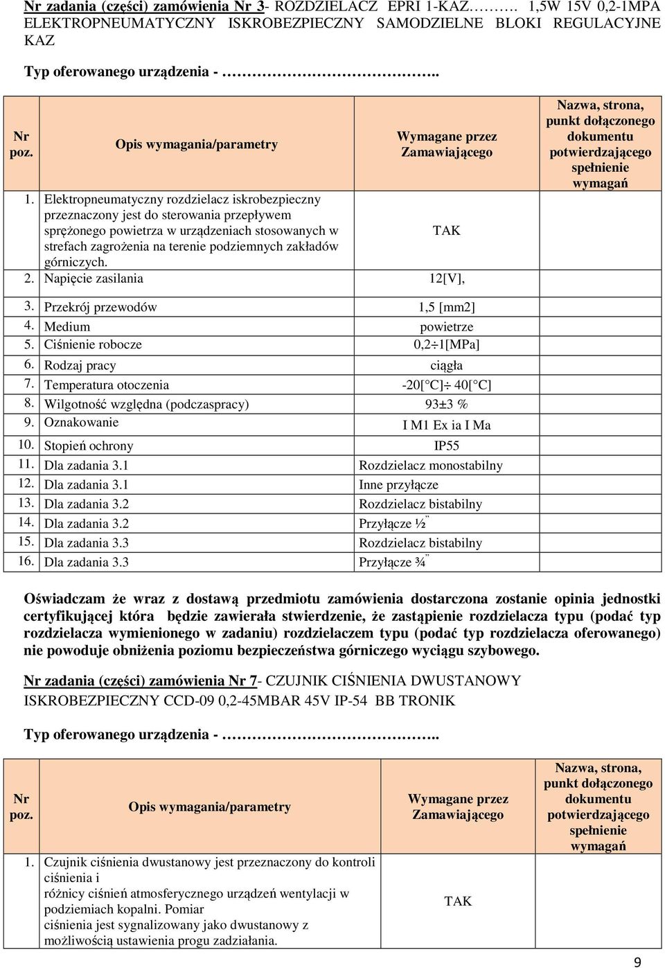 górniczych. 2. Napięcie zasilania 12[V], Nazwa, strona, punkt dołączonego dokumentu spełnienie wymagań 3. Przekrój przewodów 1,5 [mm2] 4. Medium powietrze 5. Ciśnienie robocze 0,2 1[MPa] 6.