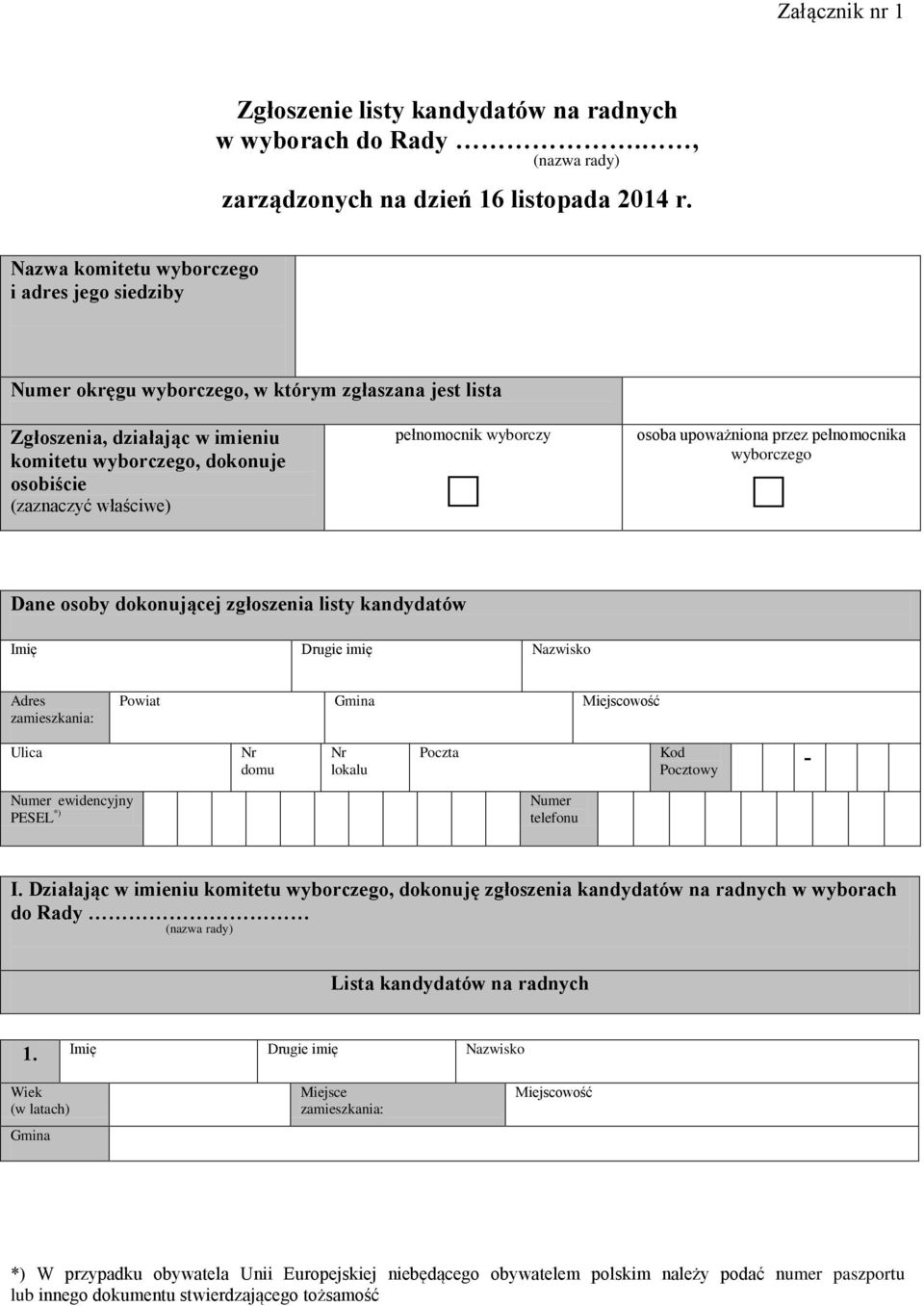 pełnomocnik wyborczy osoba upoważniona przez pełnomocnika wyborczego Dane osoby dokonującej zgłoszenia listy kandydatów Adres Powiat Ulica Nr domu Nr lokalu Poczta Kod Pocztowy - Numer ewidencyjny