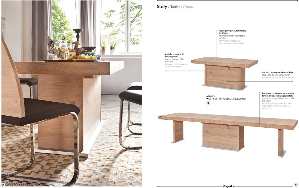 stable and durable construction надежная и прочная конструкция ASPERO W 76 S 90 D 170/215/260/305/350 cm kontynuacja usłojenia naturalnego