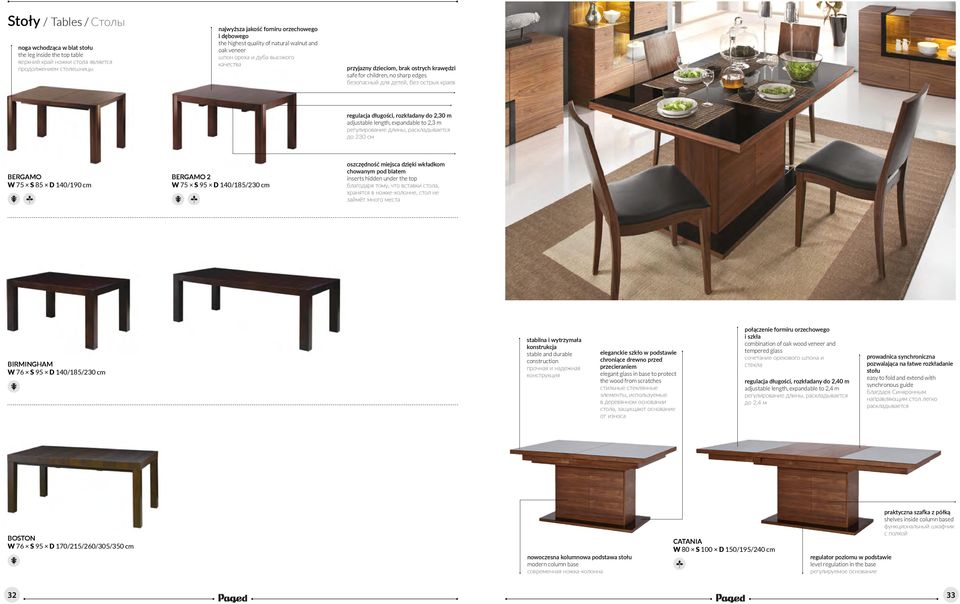 regulacja długości, rozkładany do 2,30 m adjustable length, expandable to 2,3 m регулирование длины, раскладывается до 230 см BERGAMO W 75 S 85 D 140/190 cm BERGAMO 2 W 75 S 95 D 140/185/230 cm