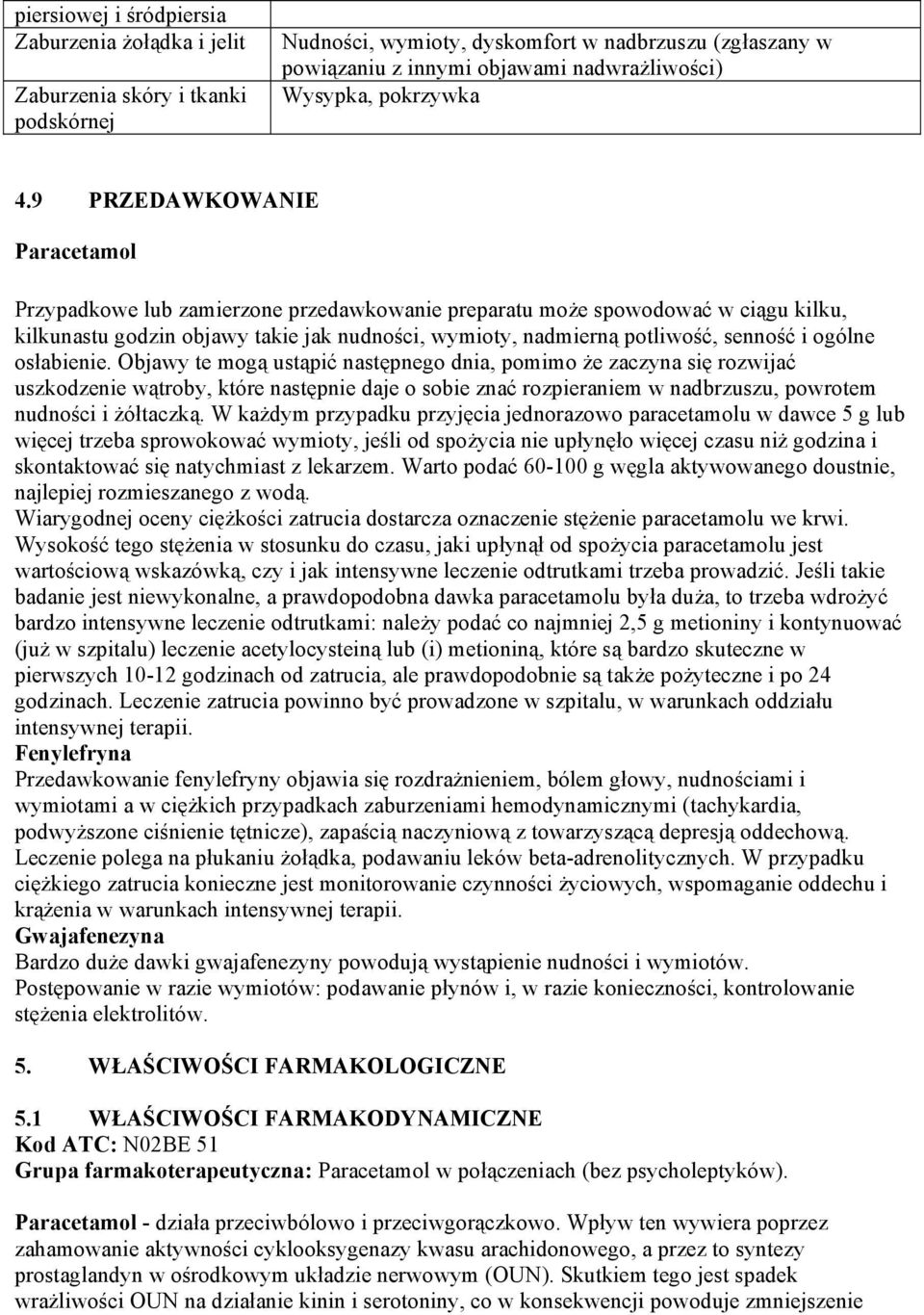 9 PRZEDAWKOWANIE Paracetamol Przypadkowe lub zamierzone przedawkowanie preparatu może spowodować w ciągu kilku, kilkunastu godzin objawy takie jak nudności, wymioty, nadmierną potliwość, senność i