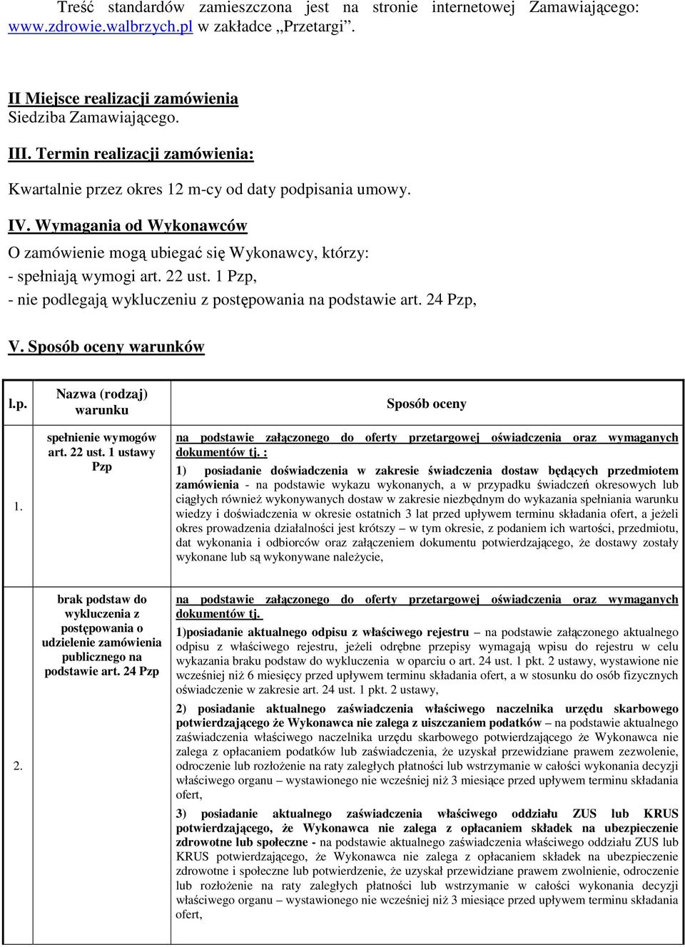 1 Pzp, - nie podlegają wykluczeniu z postępowania na podstawie art. 24 Pzp, V. Sposób oceny warunków l.p. 1. Nazwa (rodzaj) warunku spełnienie wymogów art. 22 ust.