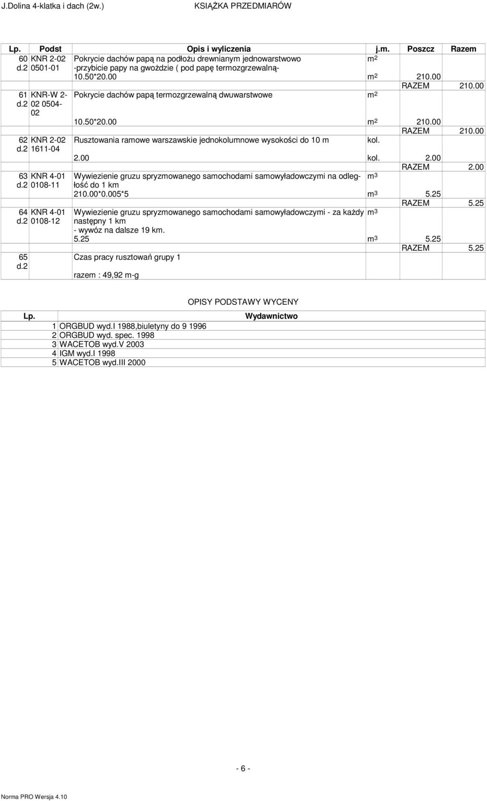 2 0108-11 Wywiezienie gruzu spryzowanego saochodai saowyładowczyi na odległość do 1 k 3 210.00*0.005*5 3 5.25 RAZEM 5.25 64 KNR 4-01 d.