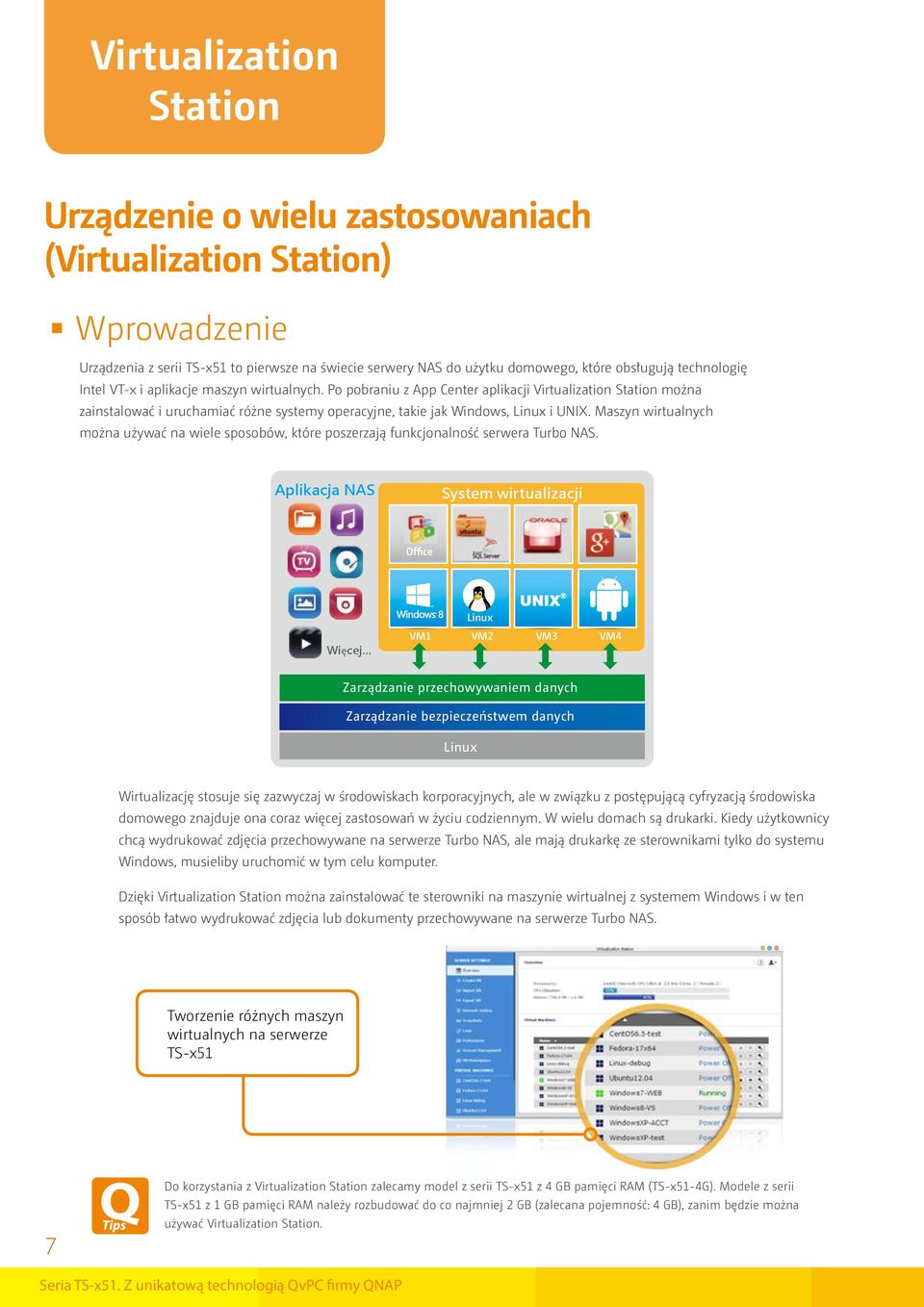 Po pobraniu z App Center aplikacji Virtualization Station można zainstalować i uruchamiać różne systemy operacyjne, takie jak Windows, Linux i UNIX.