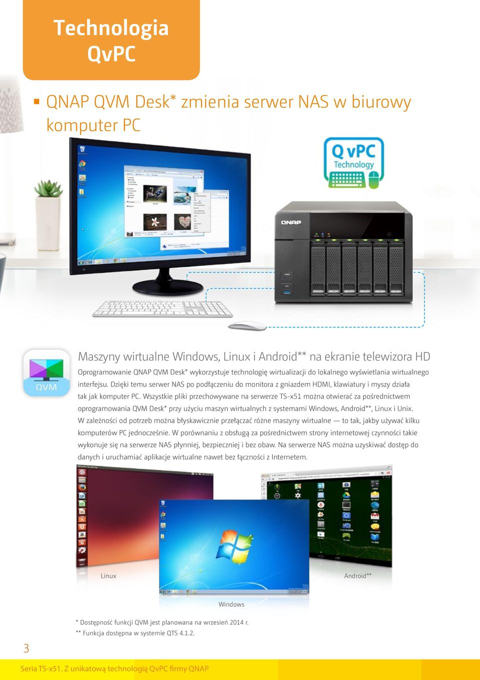 Wszystkie pliki przechowywane na serwerze TS-x51 można otwierać za pośrednictwem oprogramowania QVM Desk* przy użyciu maszyn wirtualnych z systemami Windows, Android**, Linux i Unix.