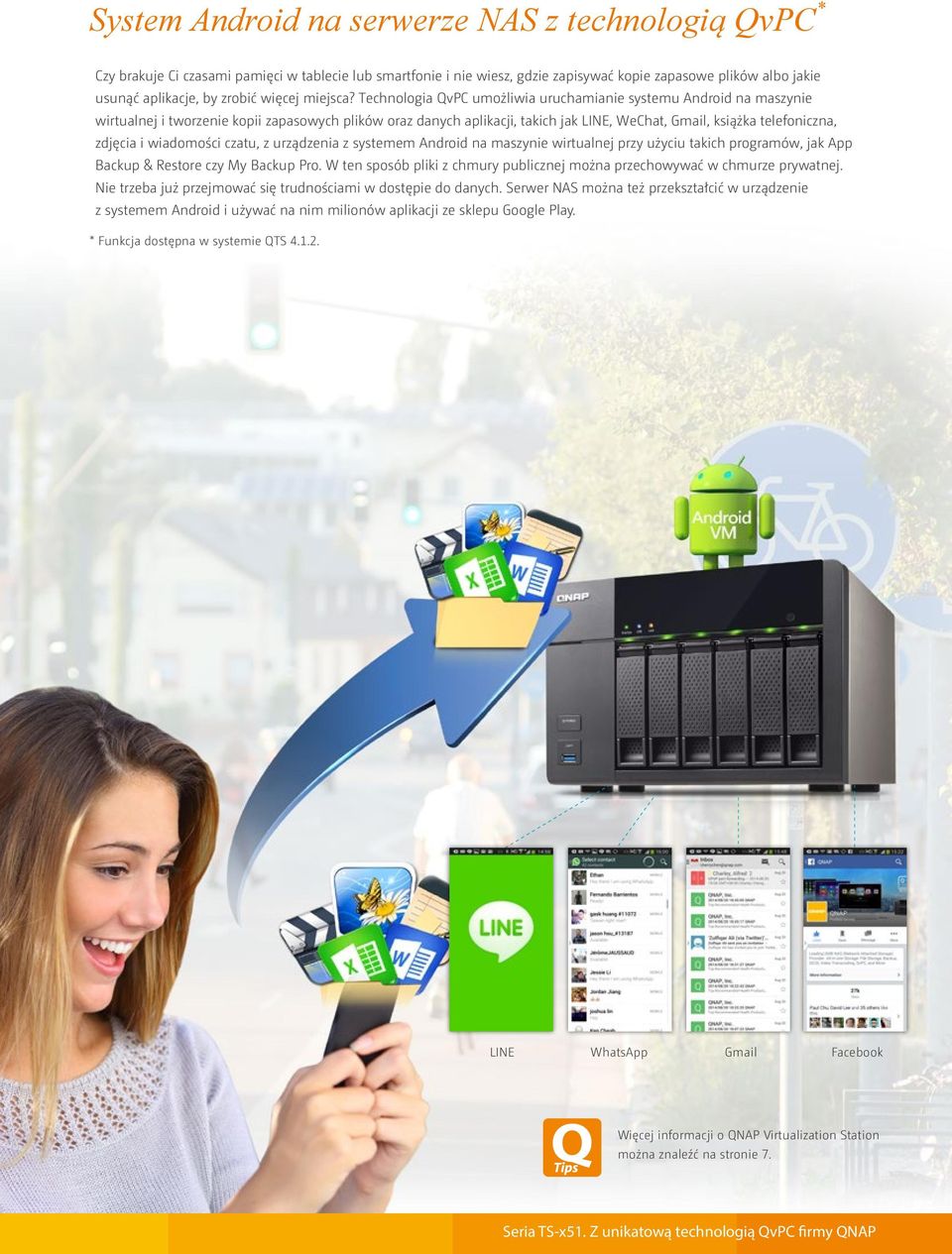 Technologia QvPC umożliwia uruchamianie systemu Android na maszynie wirtualnej i tworzenie kopii zapasowych plików oraz danych aplikacji, takich jak LINE, WeChat, Gmail, książka telefoniczna, zdjęcia