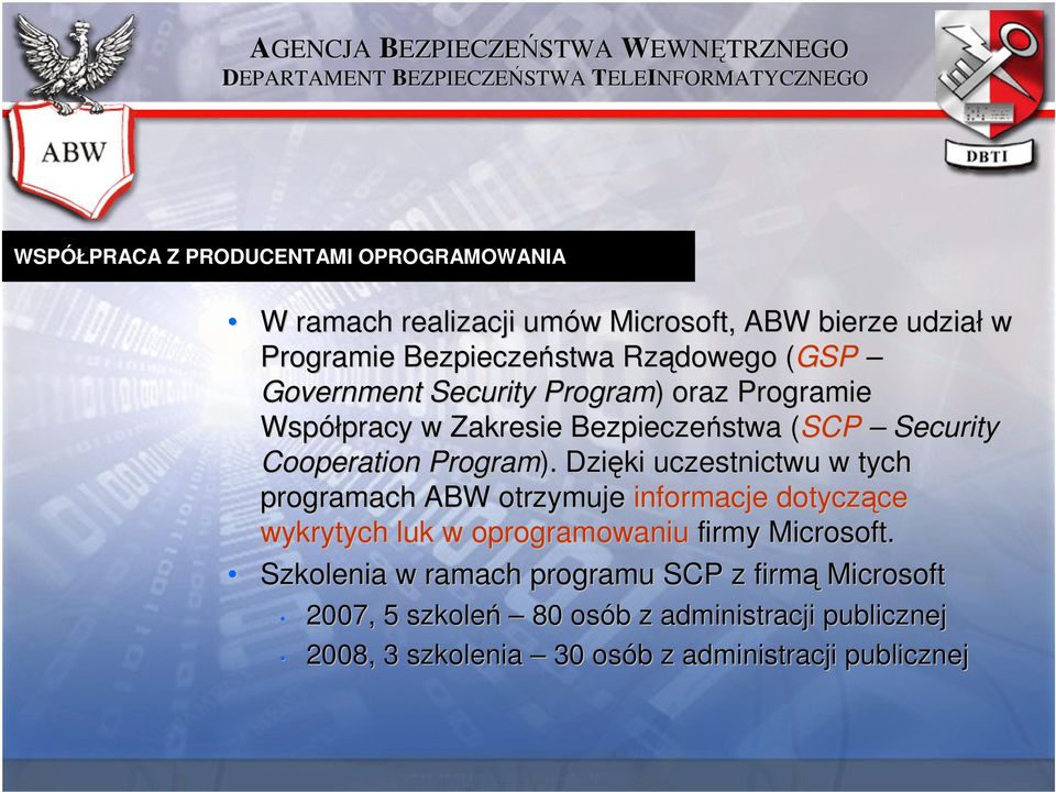 Dzięki uczestnictwu w tych programach ABW otrzymuje informacje dotyczące ce wykrytych luk w oprogramowaniu firmy Microsoft.