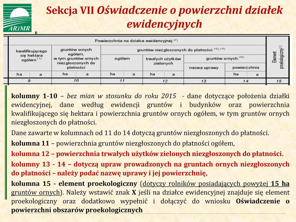 Dane zawarte w kolumnach od 11 do 14 dotyczą gruntów niezgłoszonych do płatności.