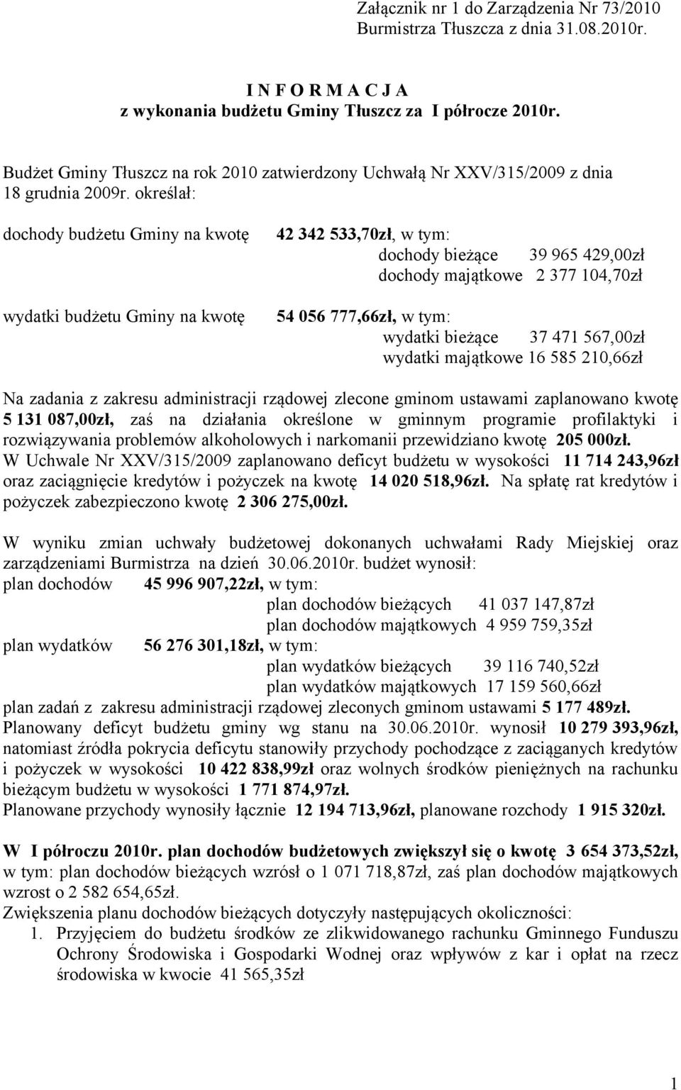 określał: dochody budżetu Gminy na kwotę wydatki budżetu Gminy na kwotę 42 342 533,70zł, w tym: dochody bieżące 39 965 429,00zł dochody majątkowe 2 377 104,70zł 54 056 777,66zł, w tym: wydatki
