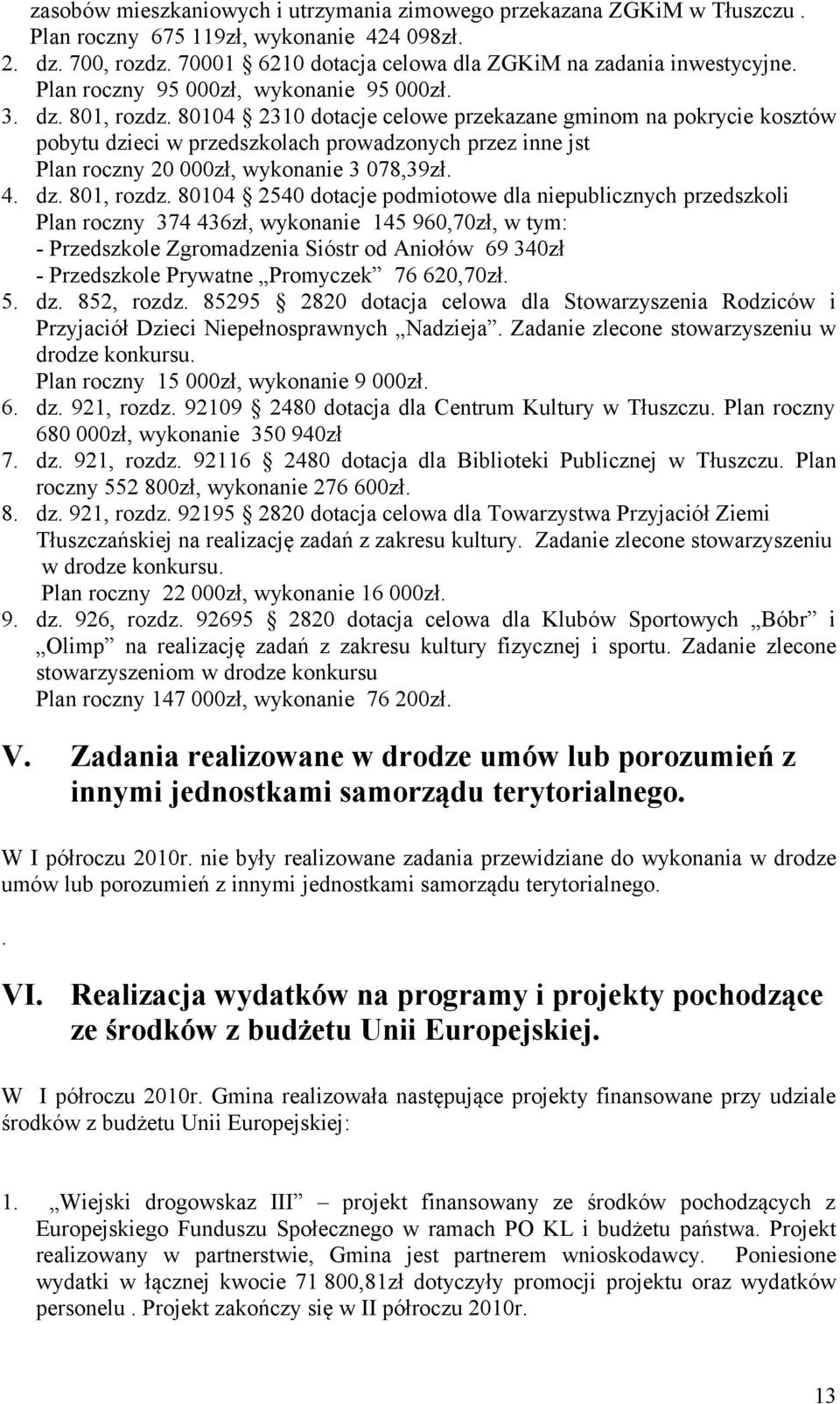 80104 2310 dotacje celowe przekazane gminom na pokrycie kosztów pobytu dzieci w przedszkolach prowadzonych przez inne jst Plan roczny 20 000zł, wykonanie 3 078,39zł. 4. dz. 801, rozdz.