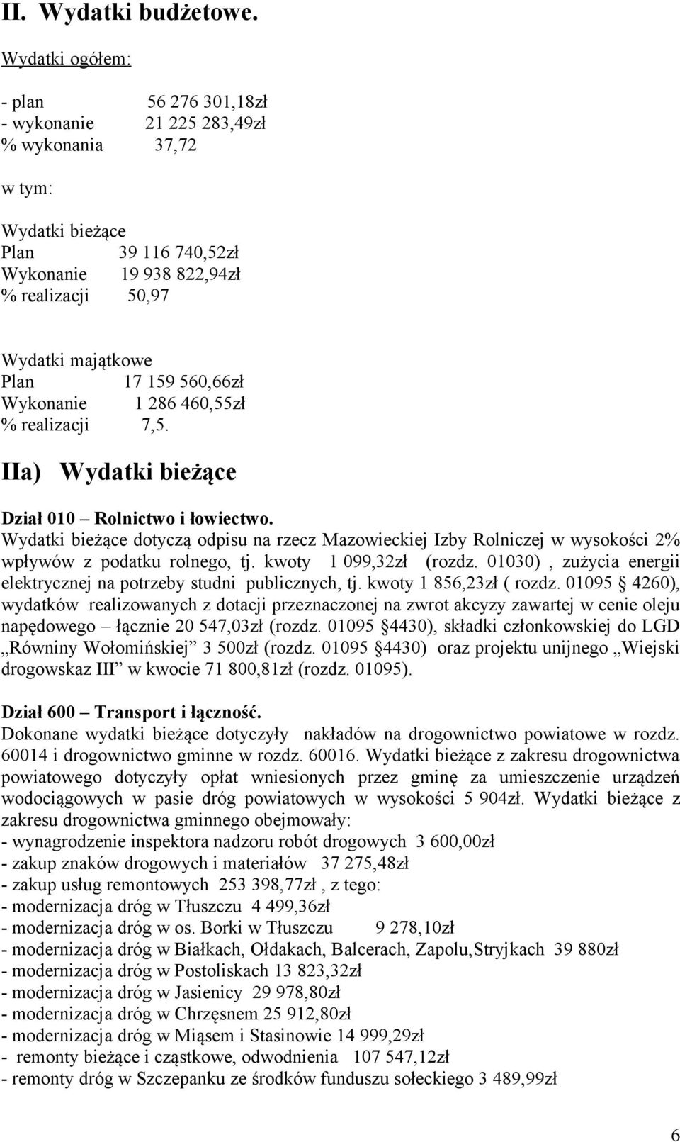 159 560,66zł Wykonanie 1 286 460,55zł % realizacji 7,5. IIa) Wydatki bieżące Dział 010 Rolnictwo i łowiectwo.