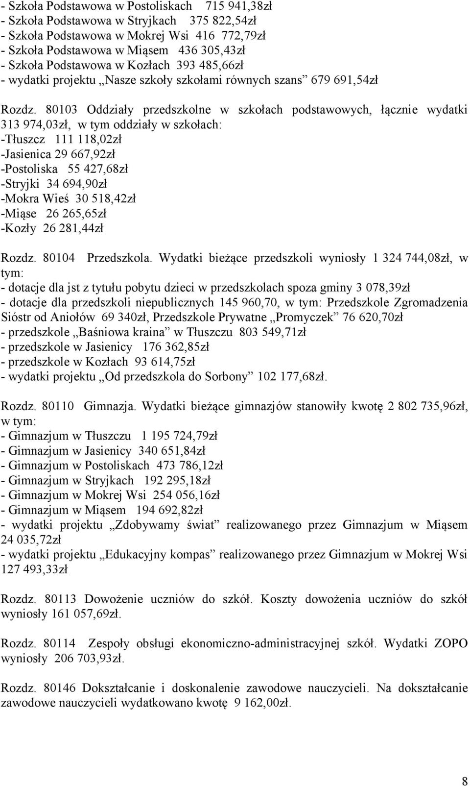 80103 Oddziały przedszkolne w szkołach podstawowych, łącznie wydatki 313 974,03zł, w tym oddziały w szkołach: -Tłuszcz 111 118,02zł -Jasienica 29 667,92zł -Postoliska 55 427,68zł -Stryjki 34 694,90zł