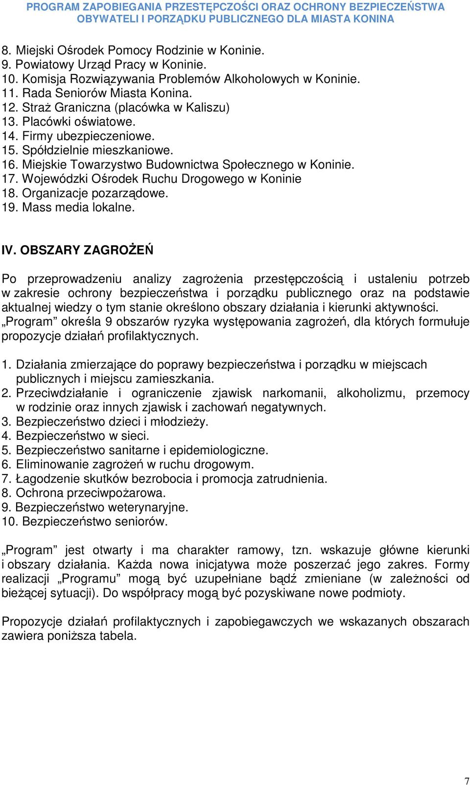 Spółdzielnie mieszkaniowe. 16. Miejskie Towarzystwo Budownictwa Społecznego w Koninie. 17. Wojewódzki Ośrodek Ruchu Drogowego w Koninie 18. Organizacje. 19. Mass media lokalne. IV.
