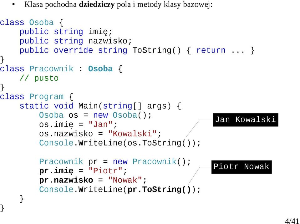 .. class Pracownik : Osoba // pusto class Program static void Main(string[] args) Osoba os = new Osoba(); Jan