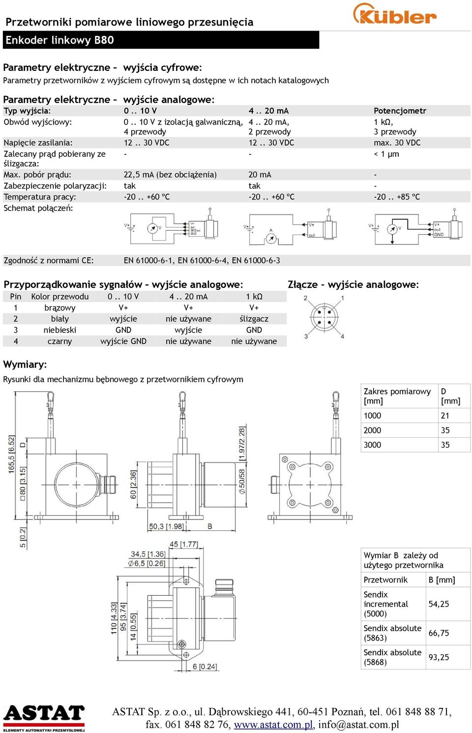 30 VDC Zalecany prąd pobierany ze - - < 1 µm ślizgacza: Max. pobór prądu: 22,5 ma (bez obciążenia) 20 ma - Zabezpieczenie polaryzacji: tak tak - Temperatura pracy: -20.. +60 ºC -20.