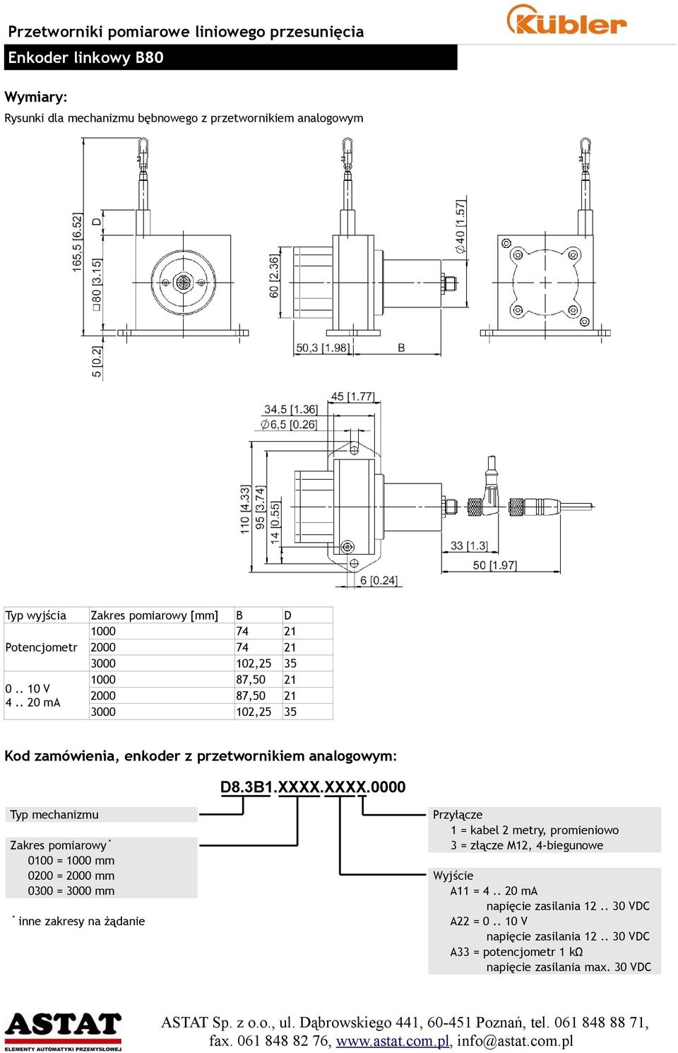 XXXX.0000 Typ mechanizmu Zakres pomiarowy * * inne zakresy na żądanie Przyłącze 1 = kabel 2 metry, promieniowo 3 = złącze M12, 4-biegunowe