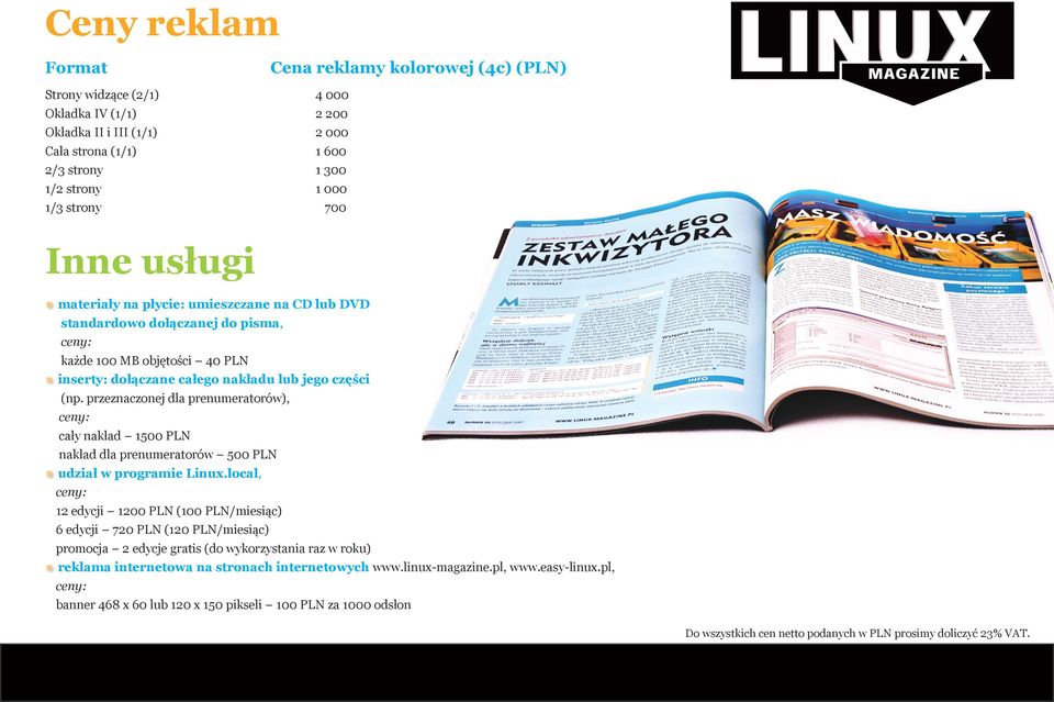 przeznaczonej dla prenumeratorów), ceny: cały nakład 1500 PLN nakład dla prenumeratorów 500 PLN udział w programie Linux.